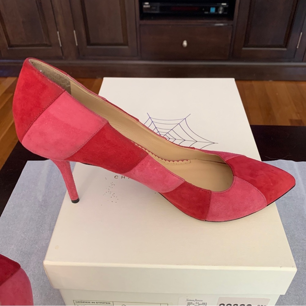 Charlotte Olympia DESIREE IN STRIPES Suede Pumps Rouge/Dark Pink SZ 8.5/EU 38.5 - Picture 8 of 14